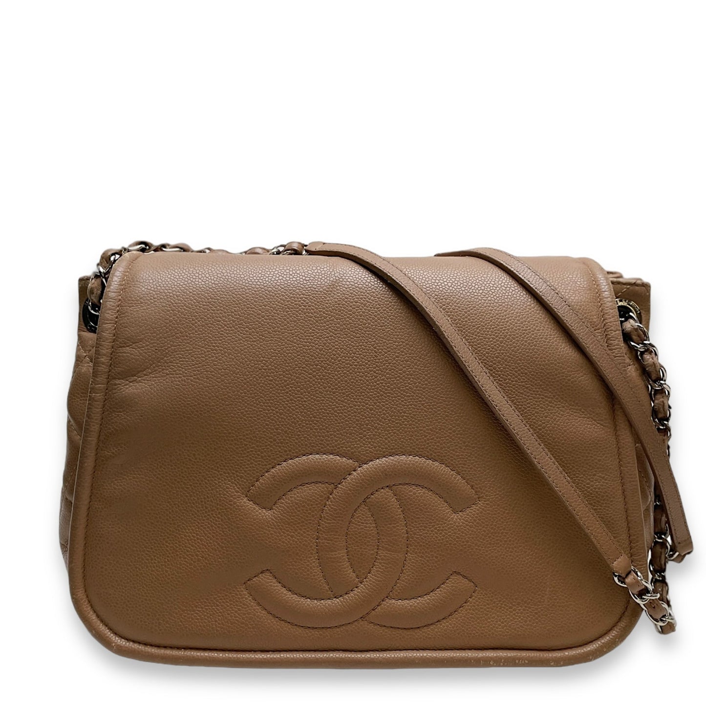 Timeless CC Shoulder Bag Beige in Caviar Leather, Silver hardware