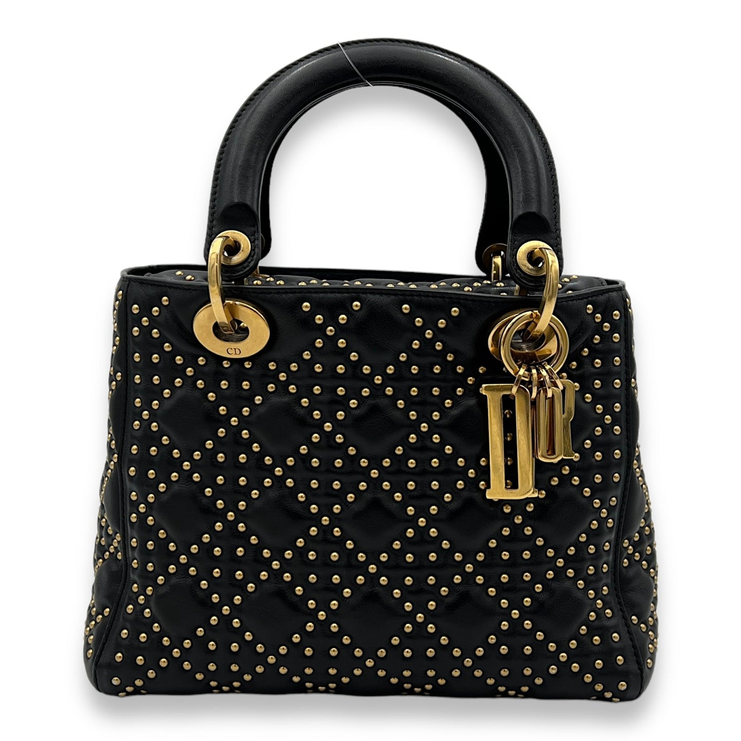 Studded Lady Dior Medium Black Top Handle Bag in Calfskin, Gold hardware