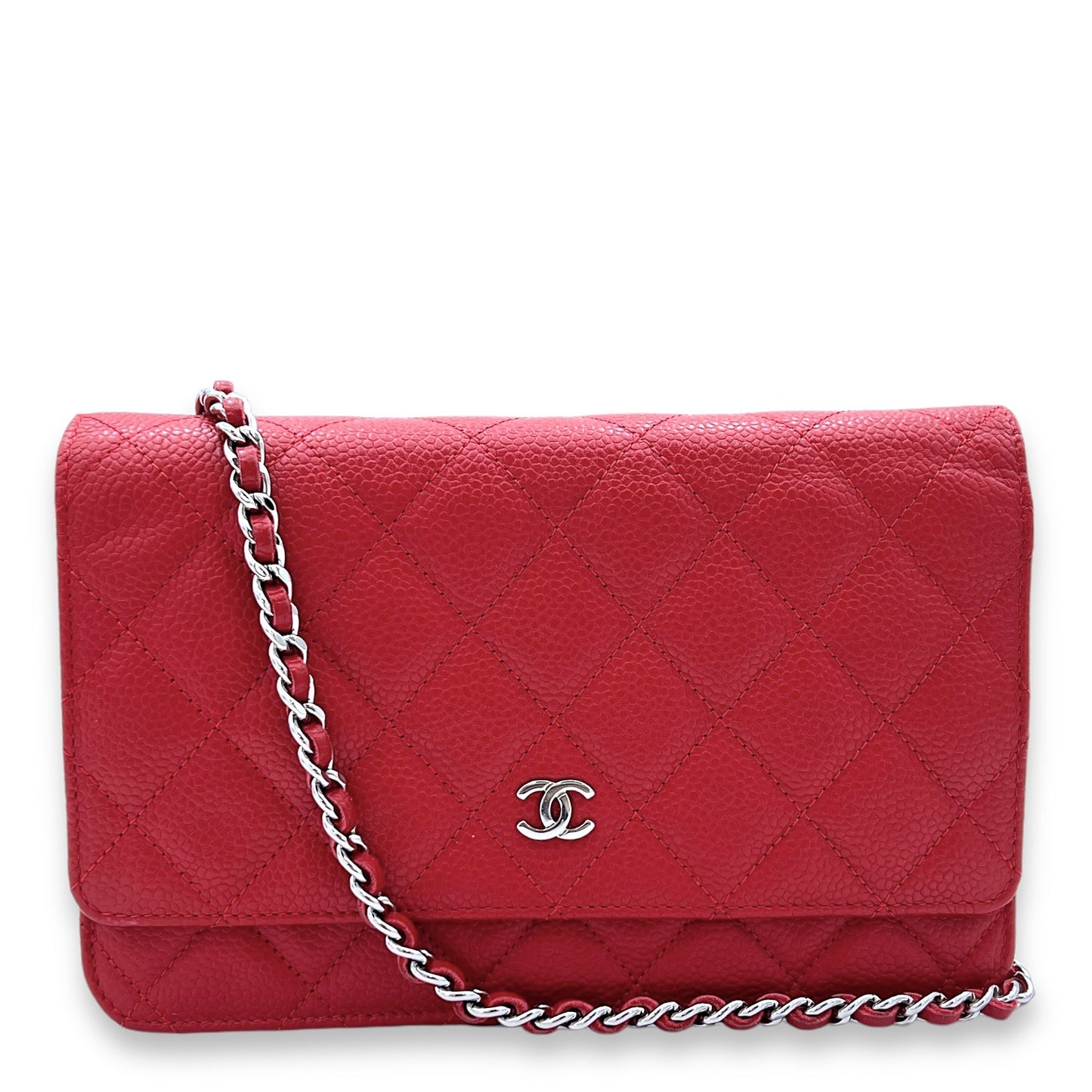 Others Wallet On Chain Red in Caviar Leather, Silver hardware
