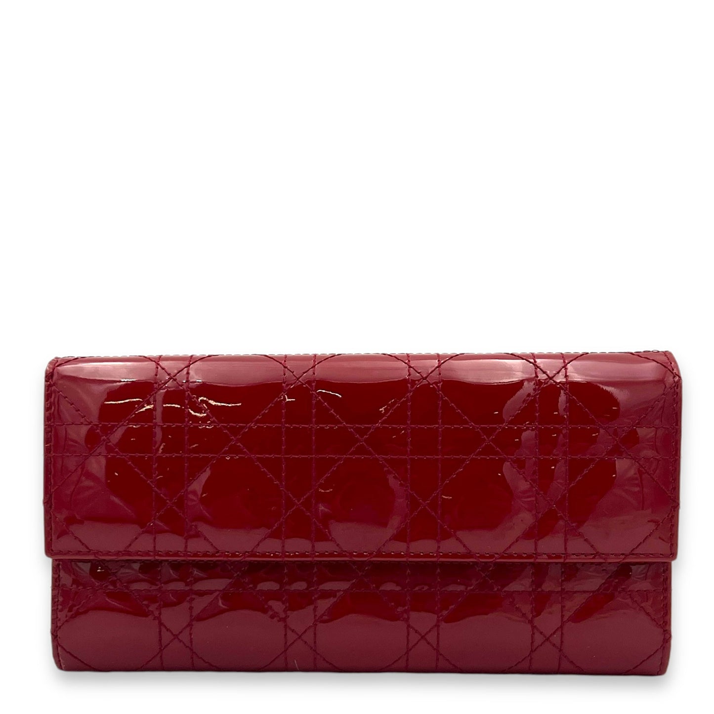 Cannage Red Wallet On Chain in Patent Leather, Silver hardware