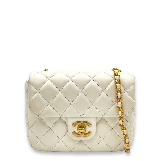 Square Bag Mini White Crossbody Bag in Lambskin, Gold hardware