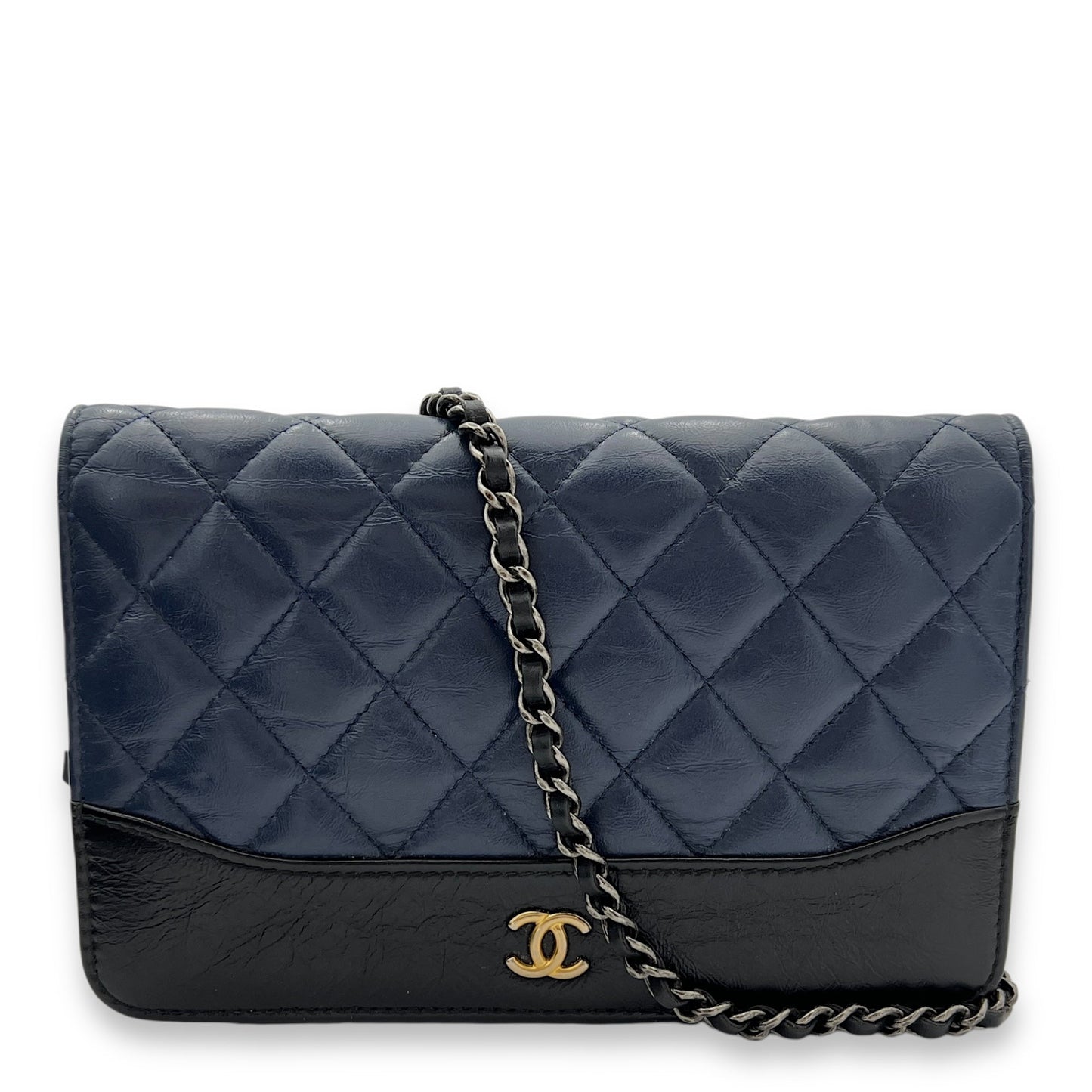 Gabrielle Blue Wallet On Chain in Calfskin, Gold hardware
