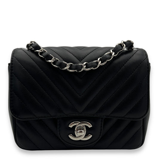 Chevron Crossbody Bag Mini Black in Lambskin, Silver hardware