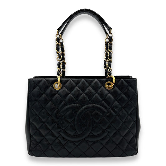 GST Large Black Tote Bag in Caviar Leather, Gold hardware