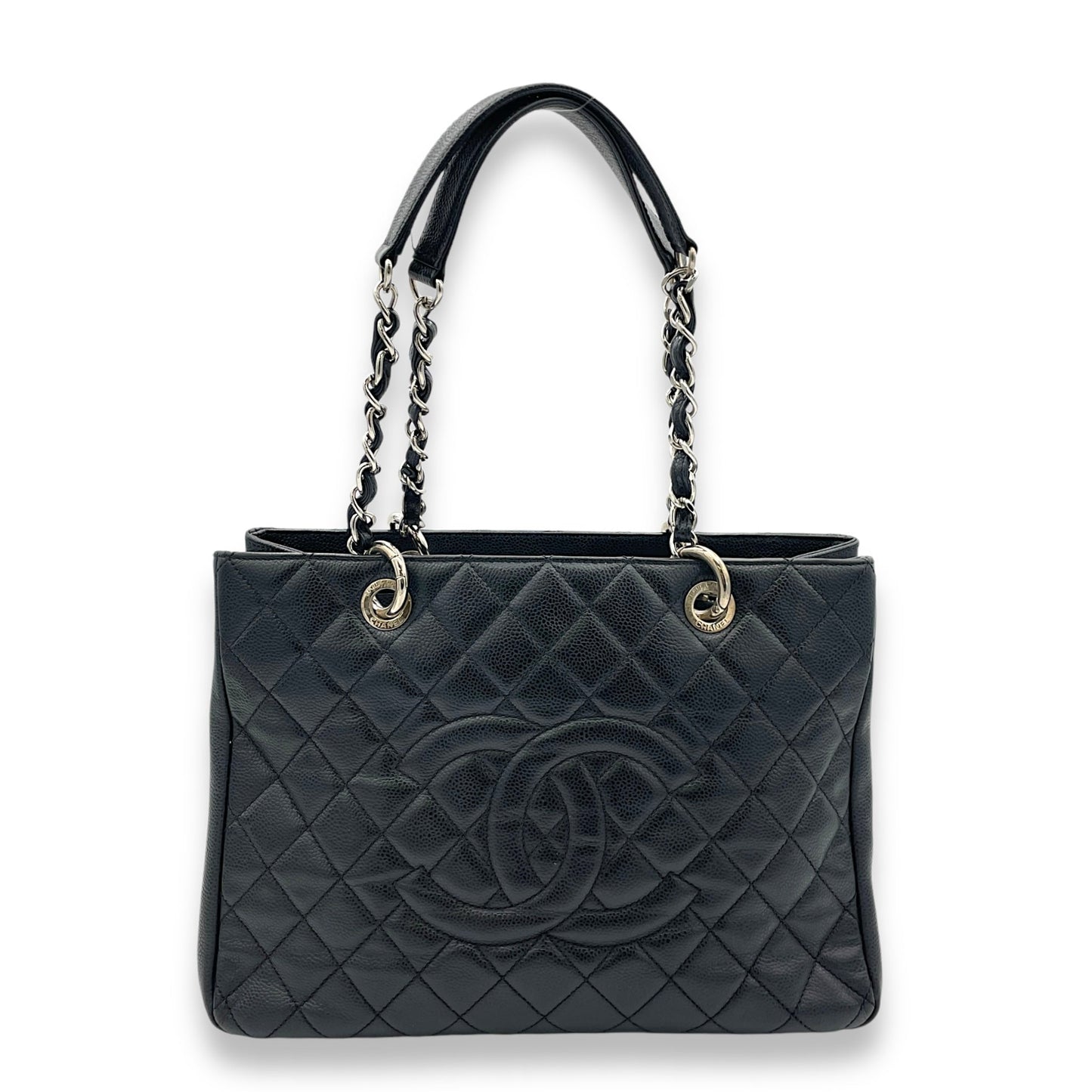 GST Black Tote Bag in Caviar Leather, Silver hardware