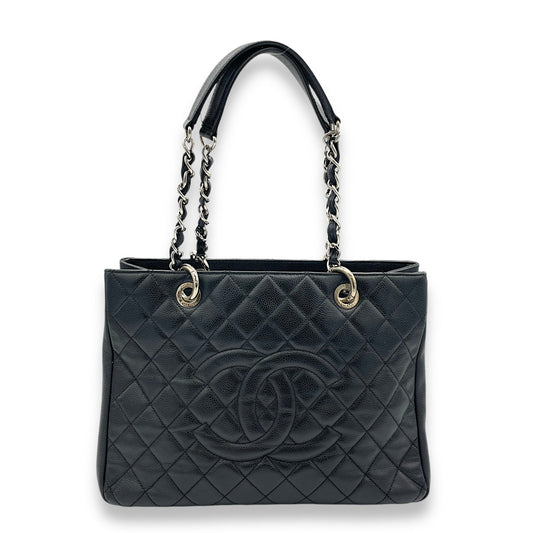 GST Black Tote Bag in Caviar Leather, Silver hardware