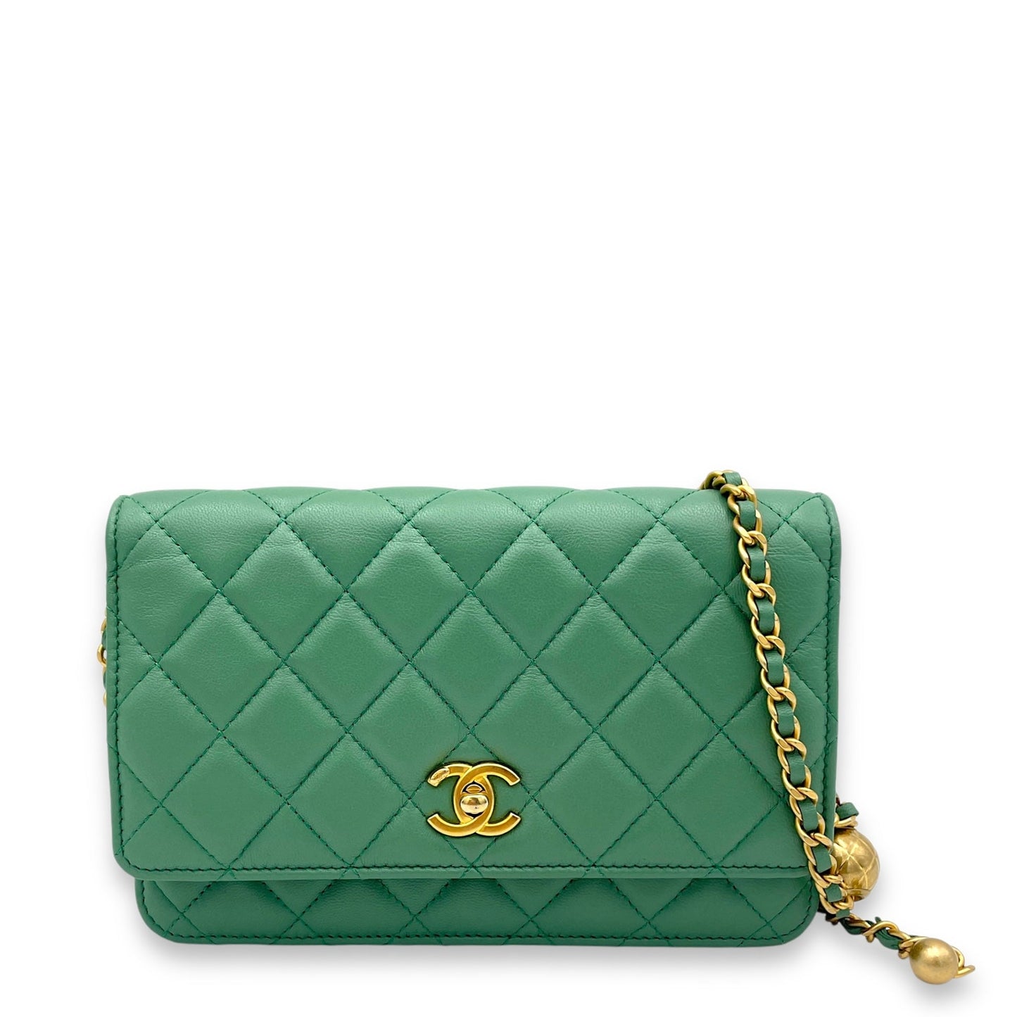 Pearl Crush Crossbody Bag Green in Lambskin, Gold hardware