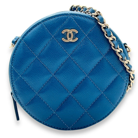 CC Quilted Pearl Crush Round Blue Crossbody Bag in Caviar Leather, Gold hardware