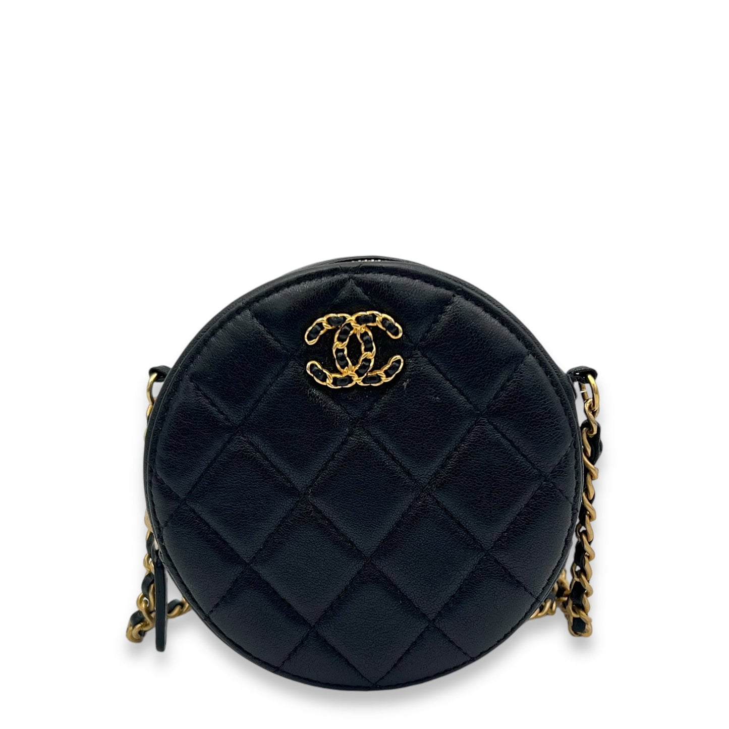 Round CC Crossbody Bag Black in Lambskin, Gold hardware