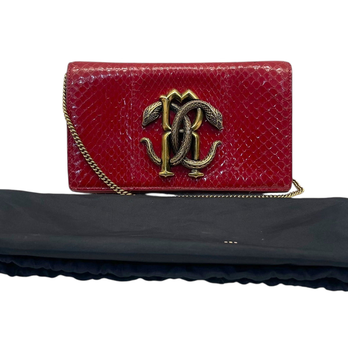 Roberto Cavalli Red Leather RC Monogram Flap Chain Bag