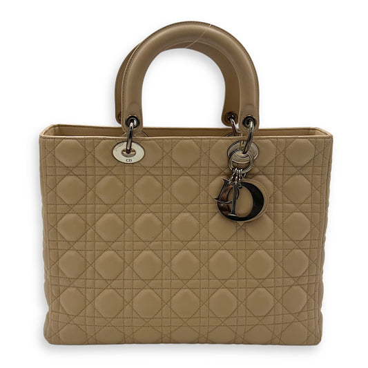 Lady Dior Large Beige Top Handle Bag in Lambskin, Silver hardware