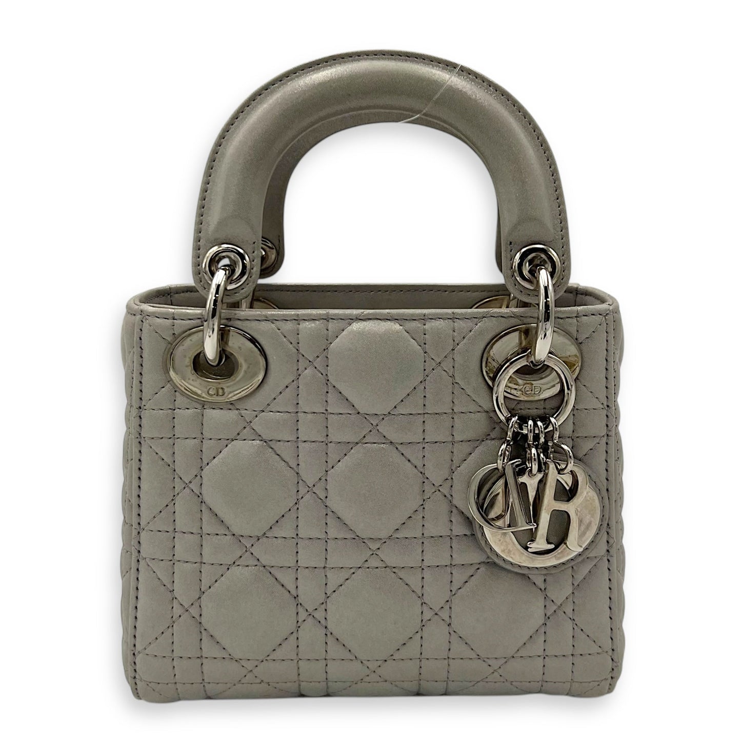 Lady Dior Mini Silver Top Handle Bag in Nubuck Cannage Leather, Silver hardware