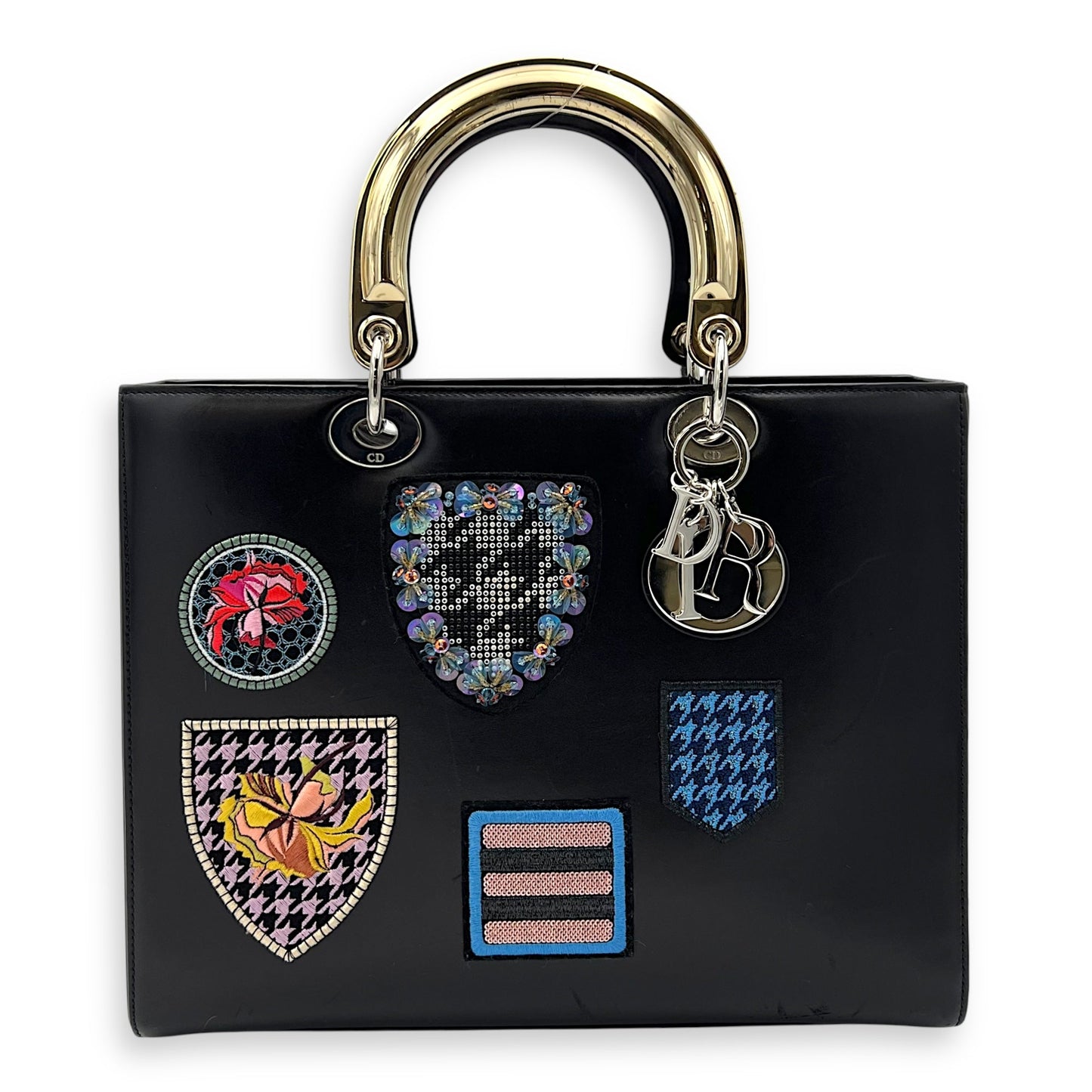 Lady Dior Large Lucky Badges Top Handle Bag in Calfskin, Silver hardware
