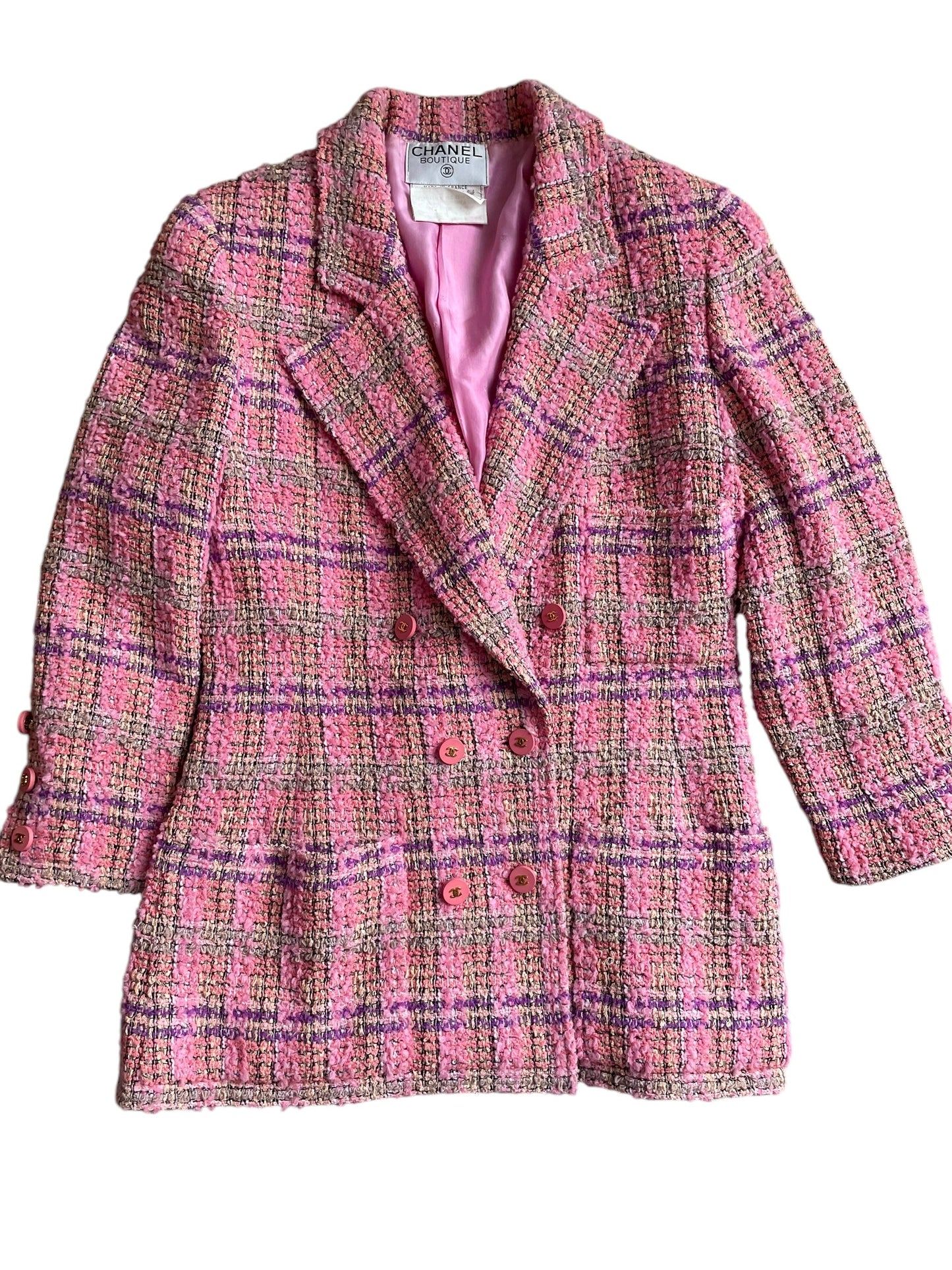 Chanel Coco Button Tweed Pink Angora Jacket 42 DXBK0389