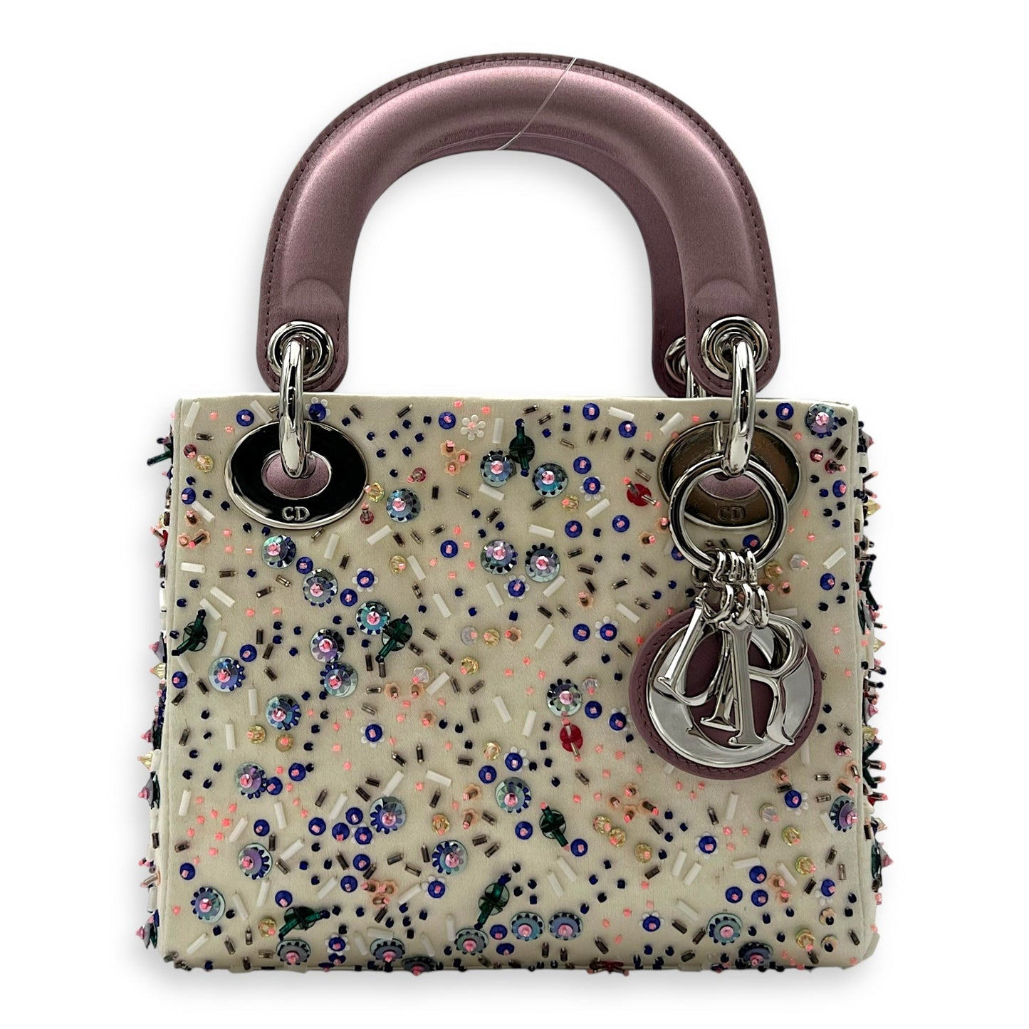 Lady Dior Mini Multi-colour Top Handle Bag in Satin, Silver hardware