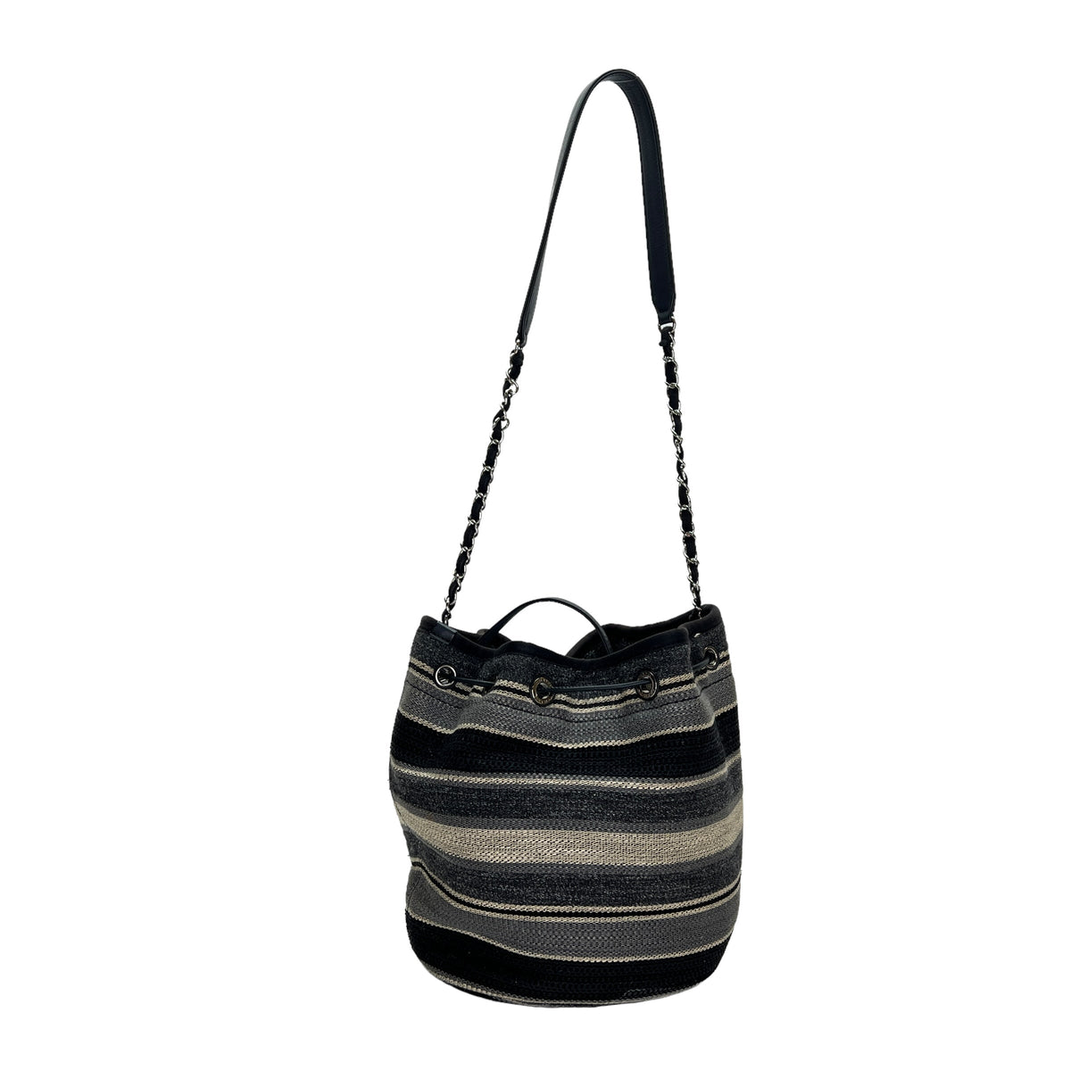Deauville Drawstring Grey Bucket Bag in Canvas, Silver hardware