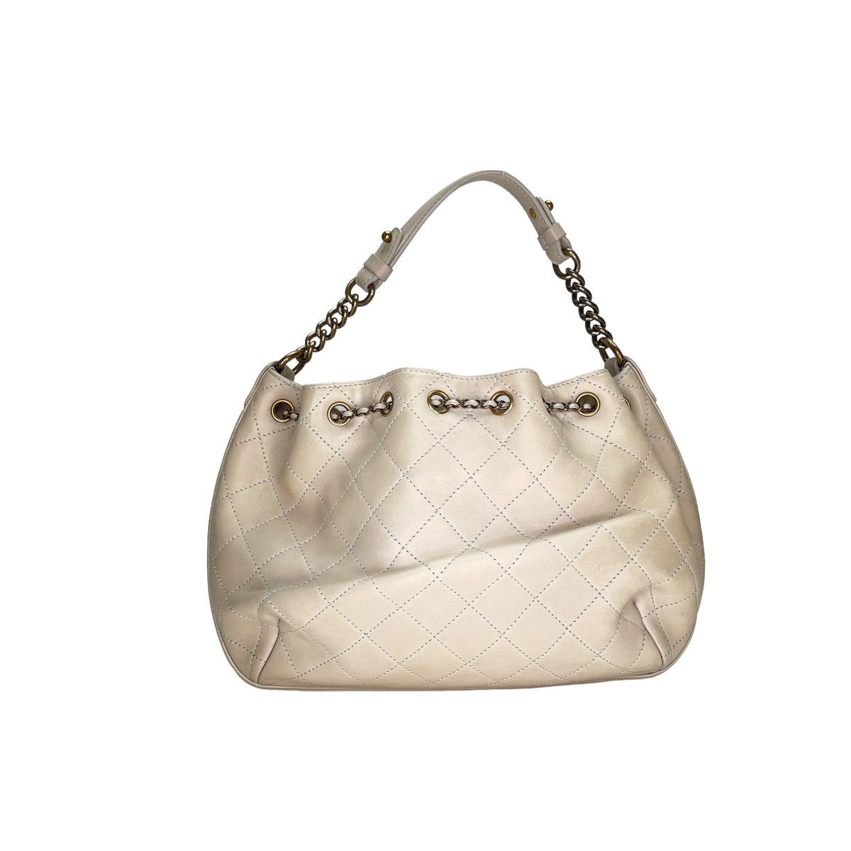 Drawstring CC White Bucket Bag in Lambskin, Gold hardware