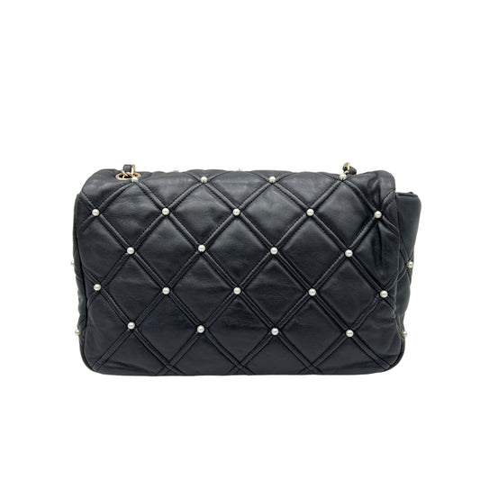 Pearl studded flap Medium Black Crossbody Bag in Calfskin, Gold hardware