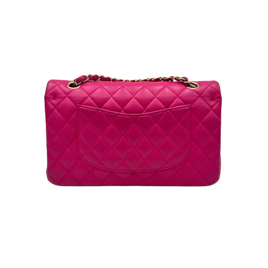 Classic Medium Fuschia Hot Pink Shoulder Bag in Lambskin, Gold hardware
