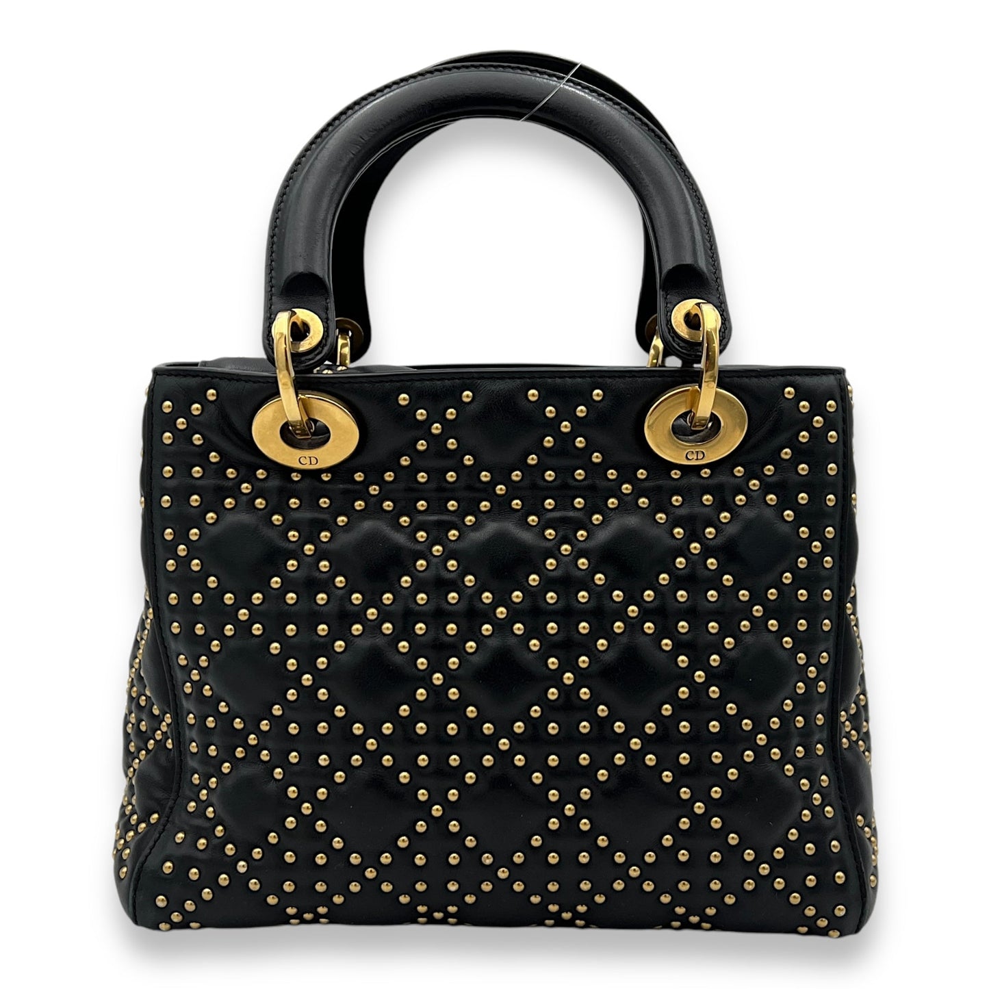 Studded Lady Dior Medium Black Top Handle Bag in Calfskin, Gold hardware