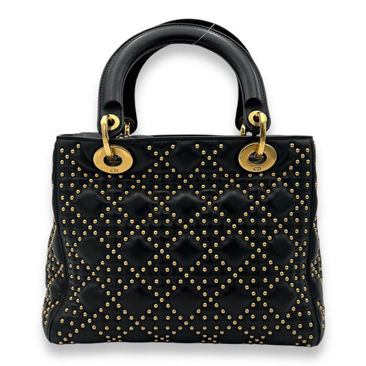 Studded Lady Dior Medium Black Top Handle Bag in Calfskin, Gold hardware