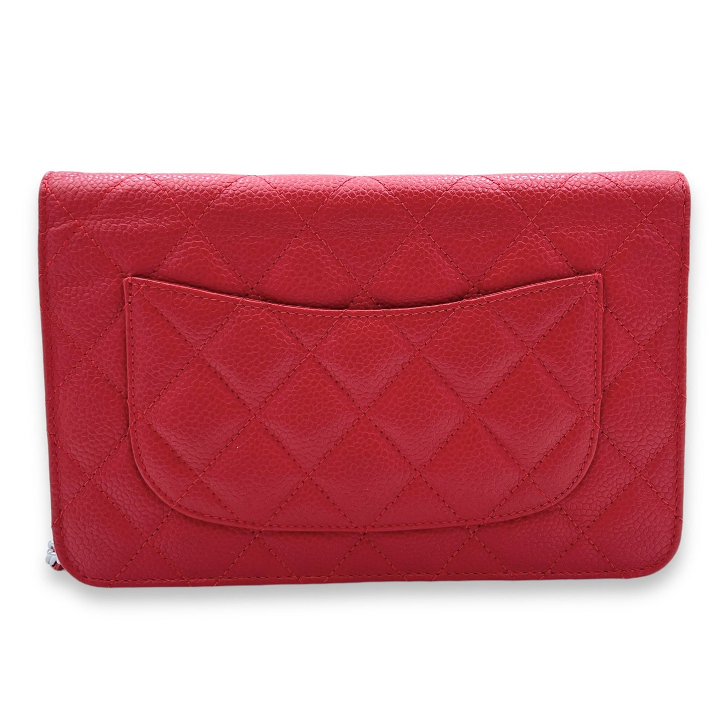 Others Wallet On Chain Red in Caviar Leather, Silver hardware