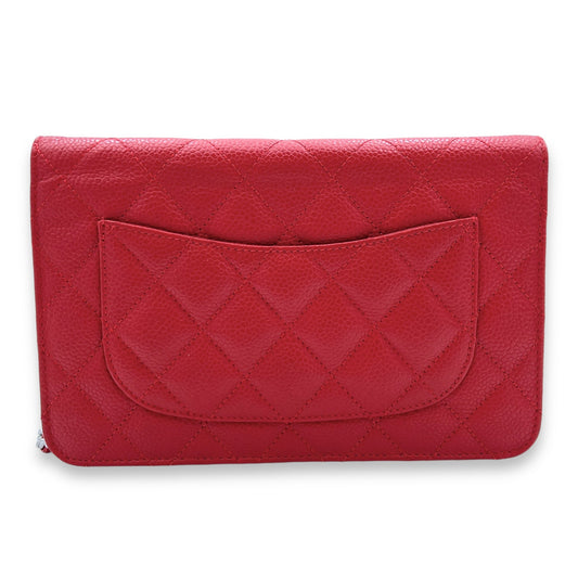 Others Wallet On Chain Red in Caviar Leather, Silver hardware