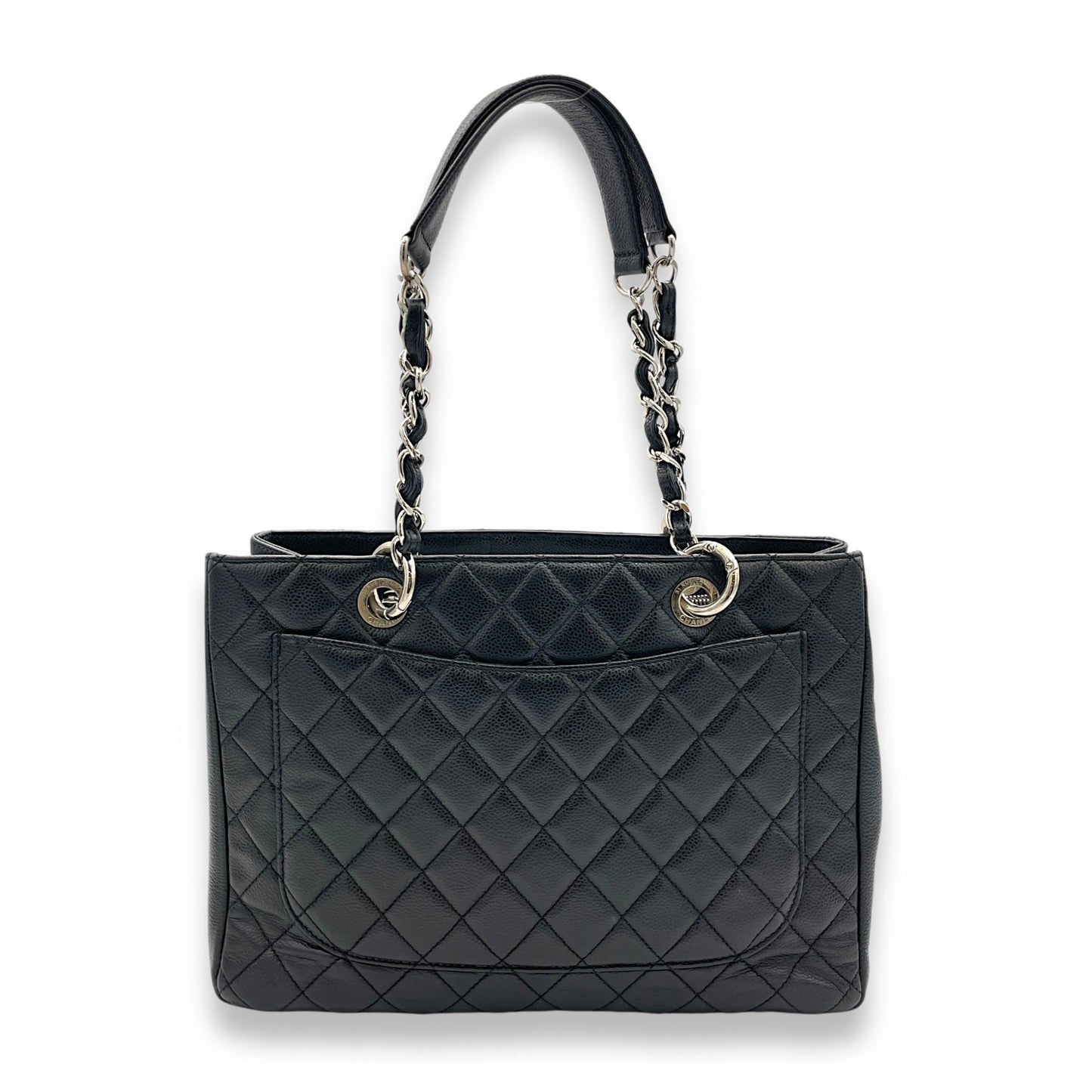 GST Black Tote Bag in Caviar Leather, Silver hardware