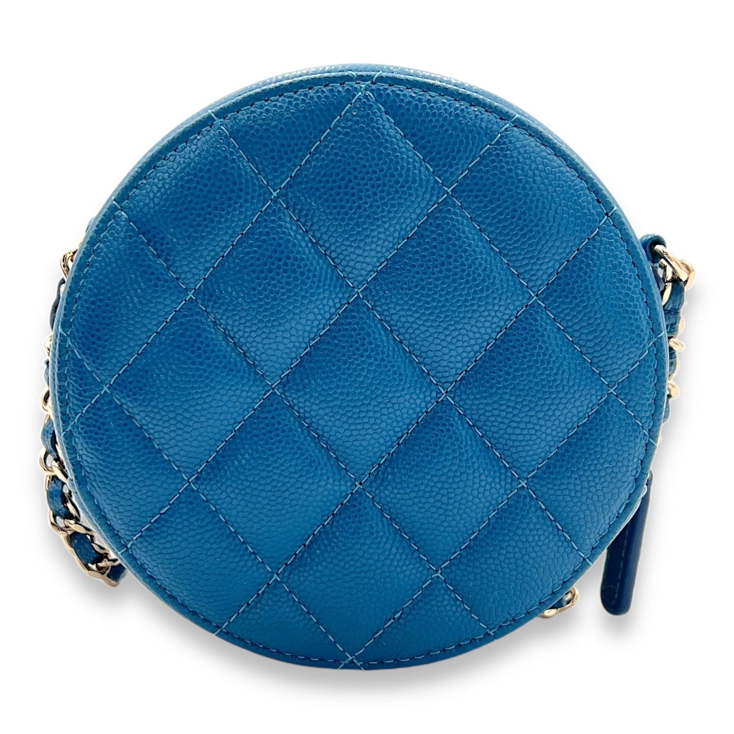 CC Quilted Pearl Crush Round Blue Crossbody Bag in Caviar Leather, Gold hardware