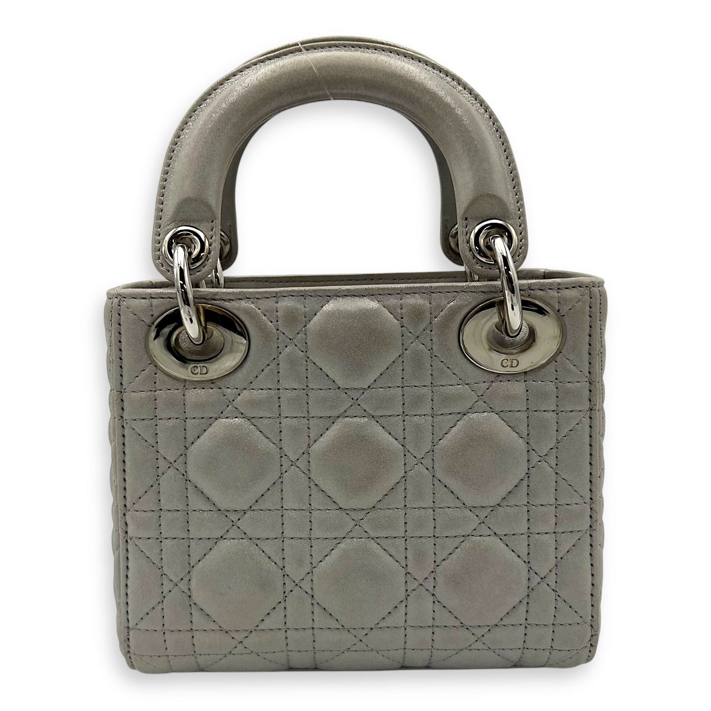 Lady Dior Mini Silver Top Handle Bag in Nubuck Cannage Leather, Silver hardware