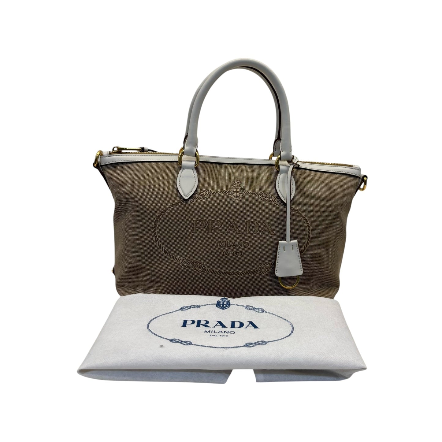 Prada Beige Leather Logo Embossed Zip Tote