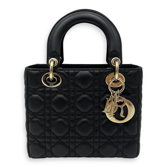 Lady Dior Small Black Top Handle Bag in Lambskin, Gold hardware