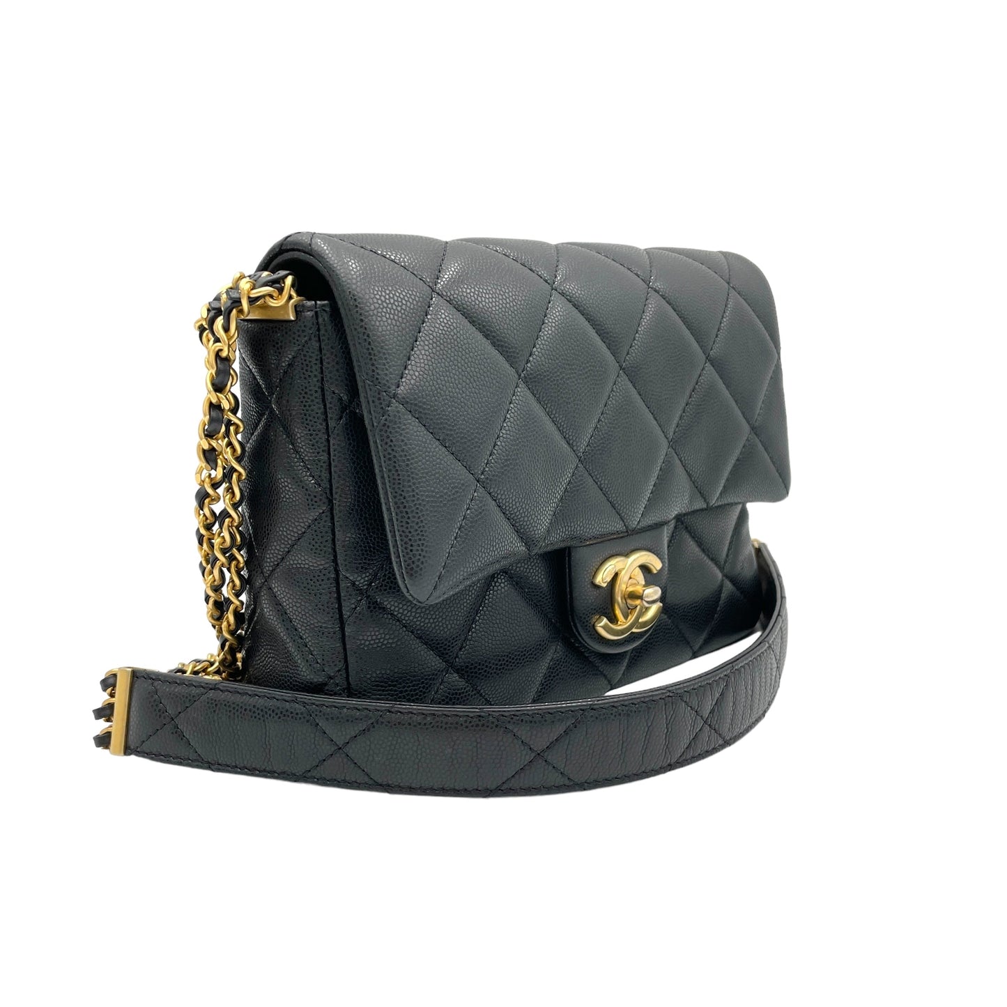 Square Quilt Black Crossbody Bag in Caviar Leather, Gold hardware