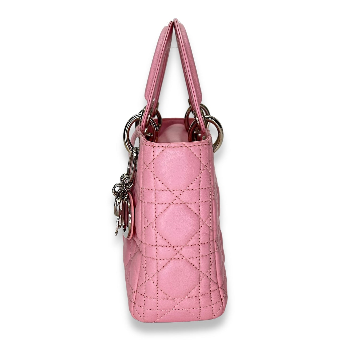 Lady Dior Mini Pink Top Handle Bag in Calfskin, Silver hardware