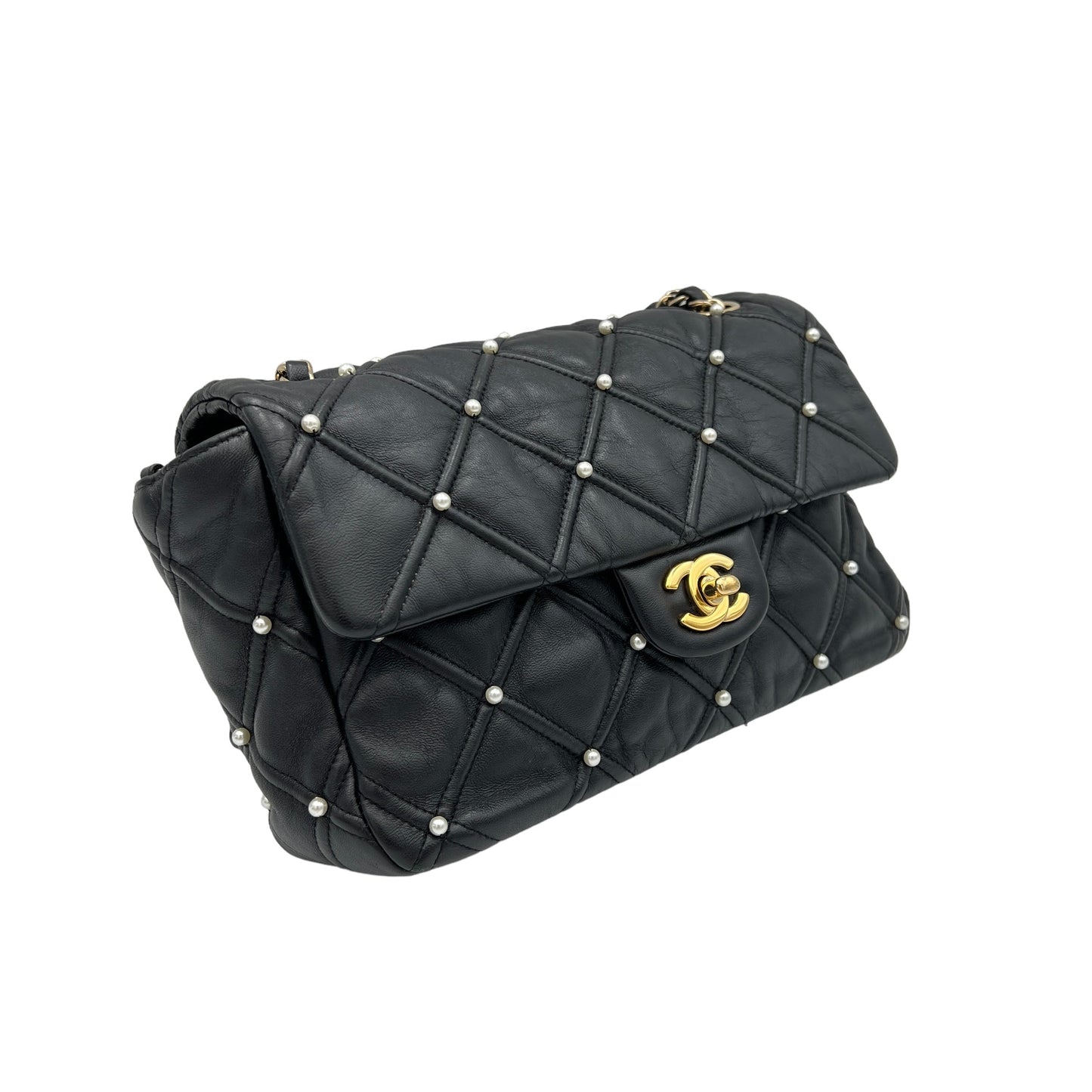 Pearl studded flap Medium Black Crossbody Bag in Calfskin, Gold hardware