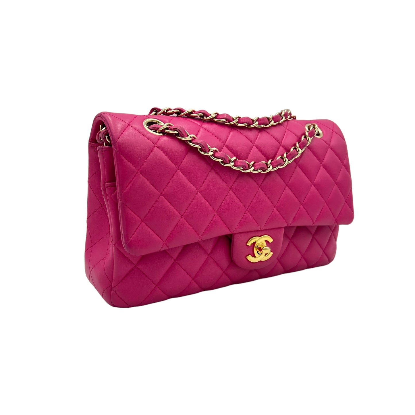 Classic Medium Fuschia Hot Pink Shoulder Bag in Lambskin, Gold hardware