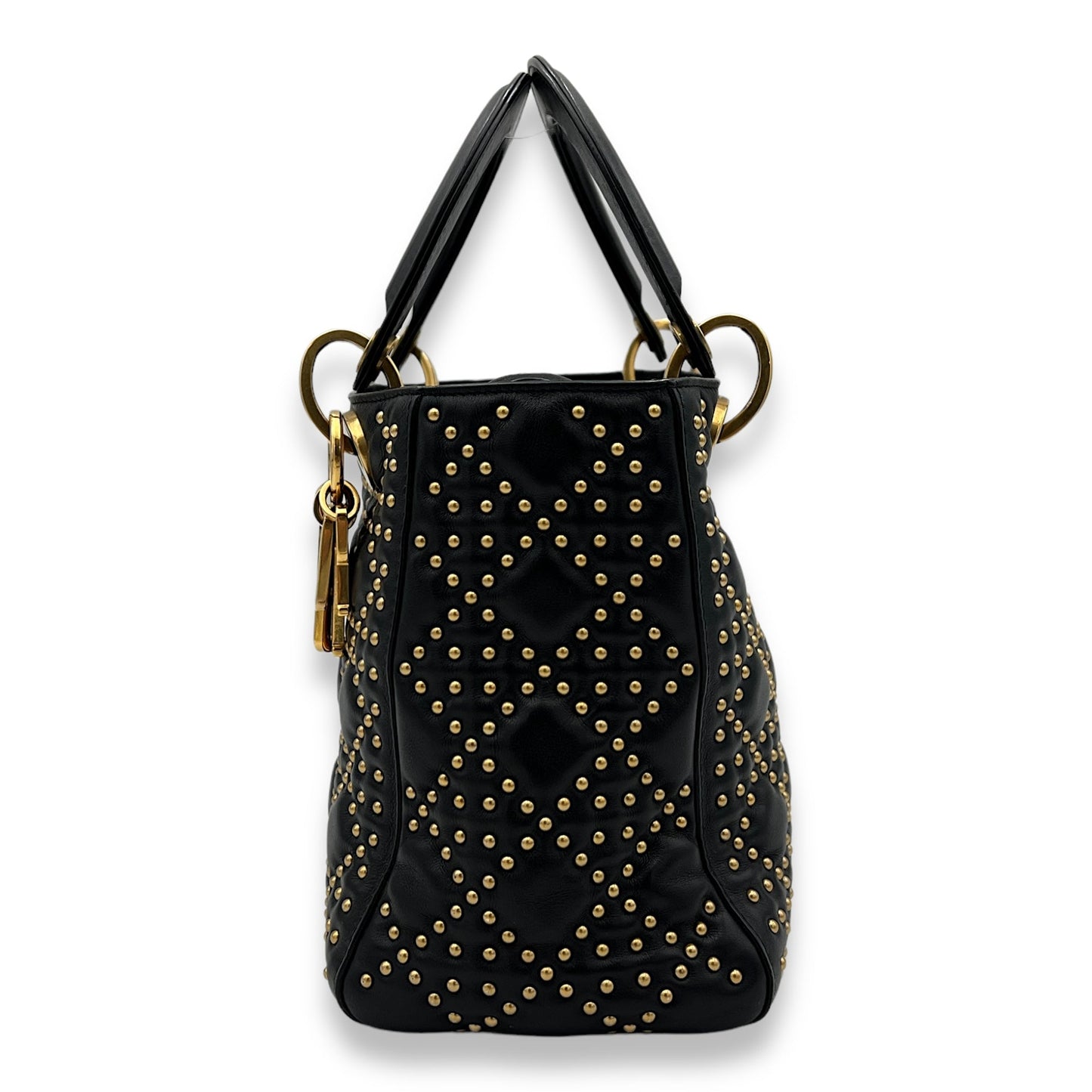 Studded Lady Dior Medium Black Top Handle Bag in Calfskin, Gold hardware