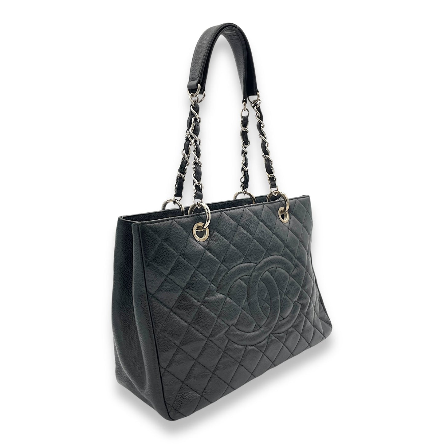 GST Black Tote Bag in Caviar Leather, Silver hardware