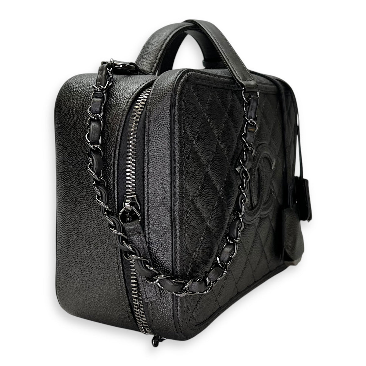 CC Filigree Large Silver Top Handle Bag in Caviar Leather, Silver hardware