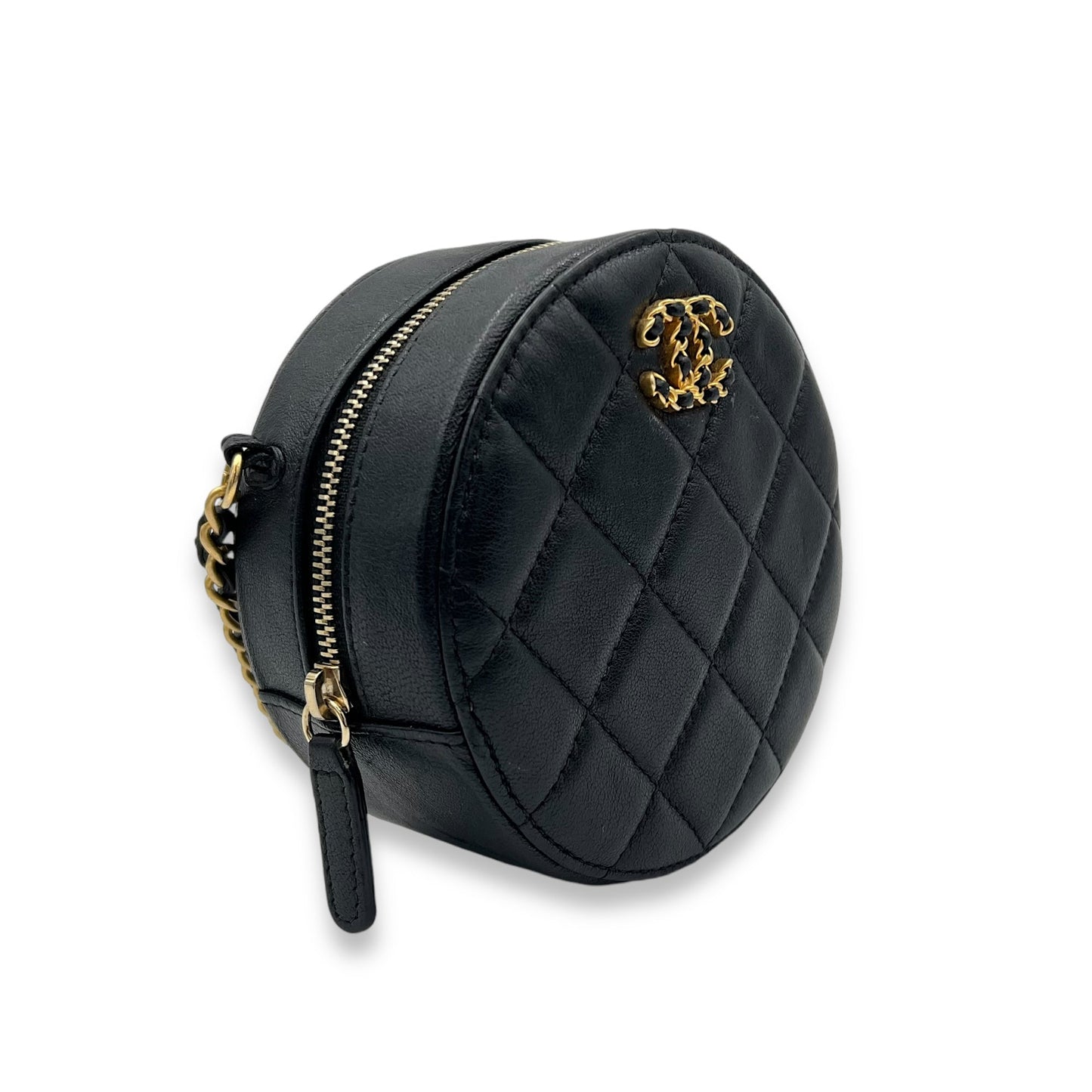 Round CC Crossbody Bag Black in Lambskin, Gold hardware