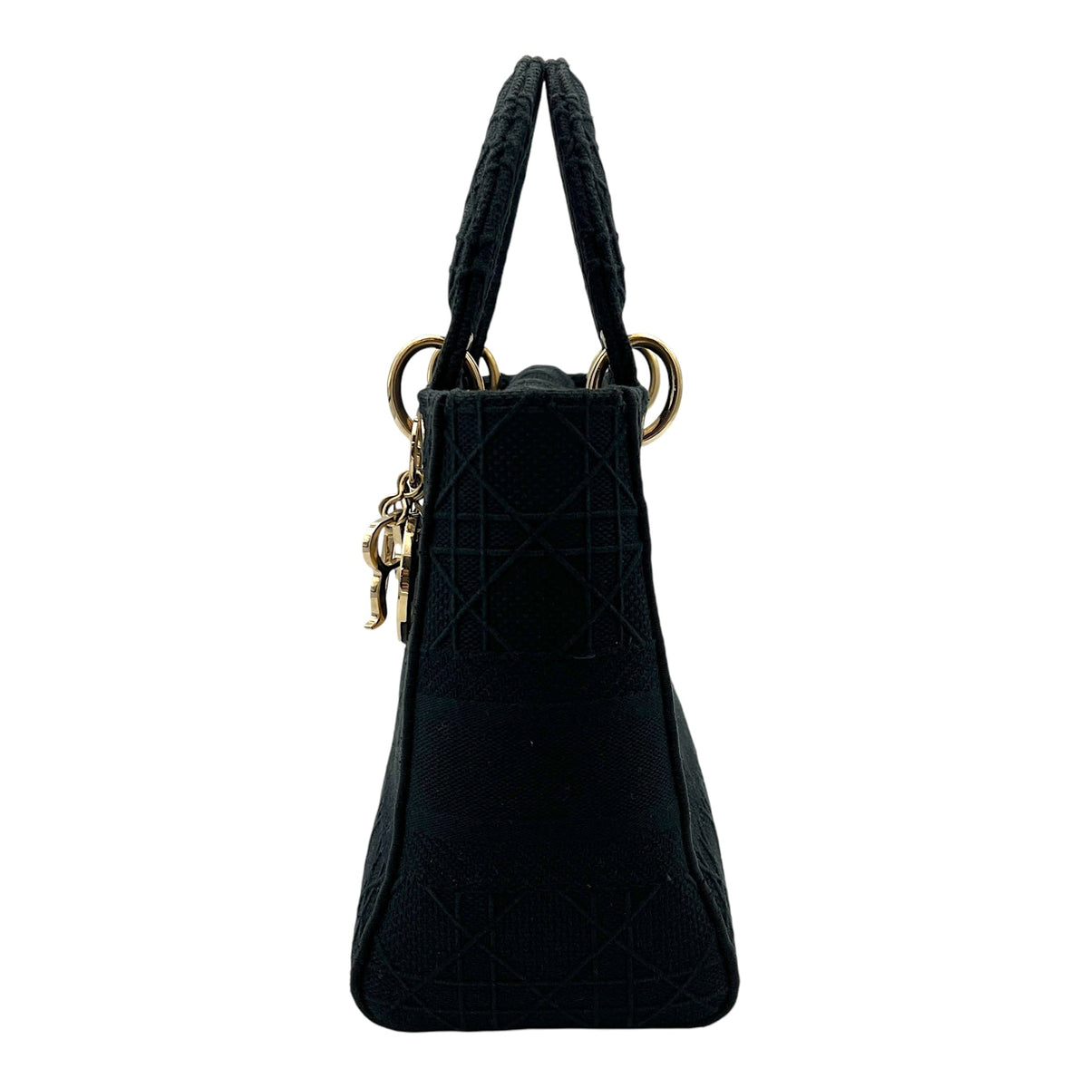 Lady D-Lite Medium Black Top Handle Bag in Canvas, Gold hardware