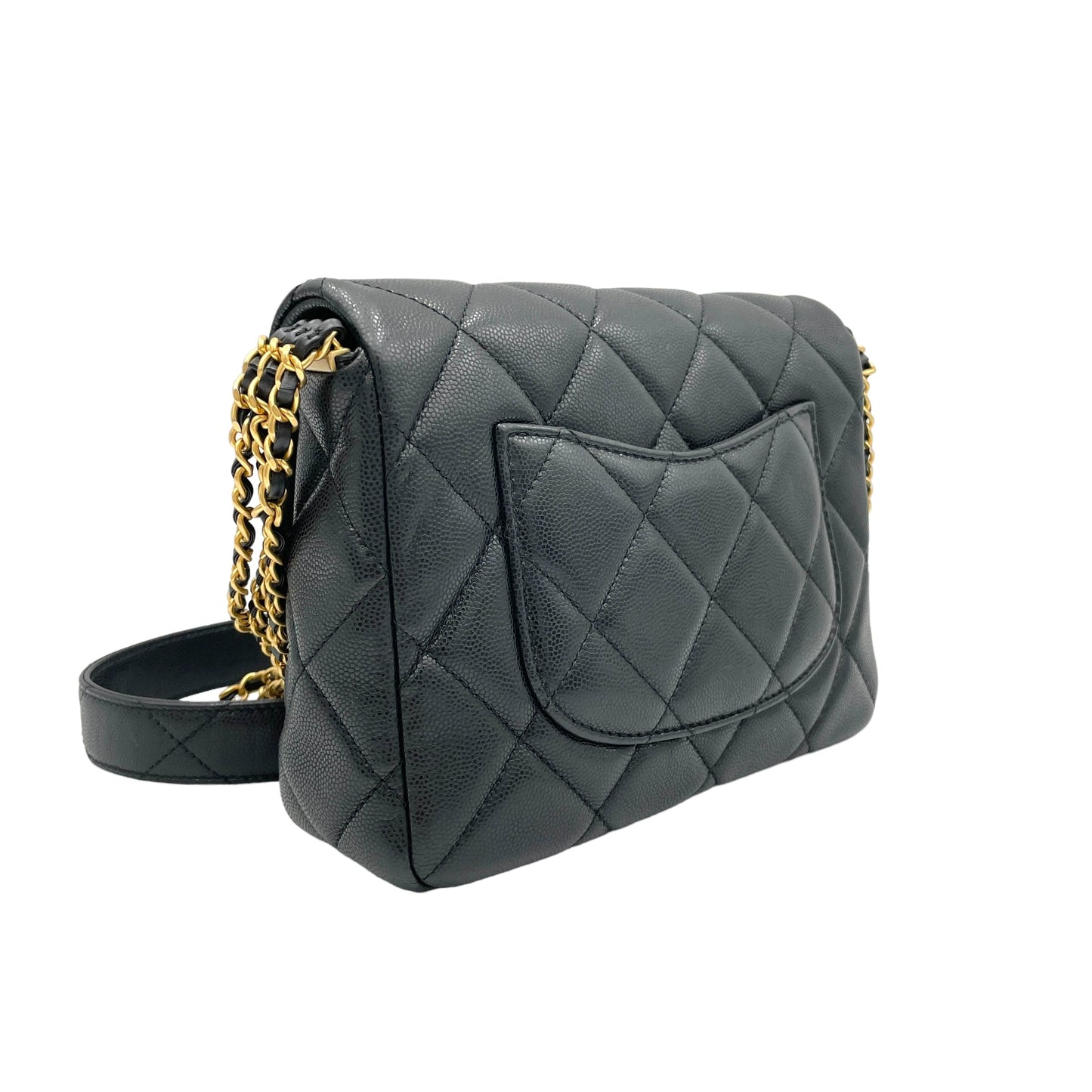 Square Quilt Black Crossbody Bag in Caviar Leather, Gold hardware