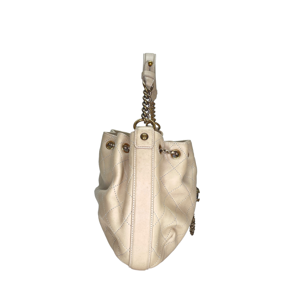 Drawstring CC White Bucket Bag in Lambskin, Gold hardware