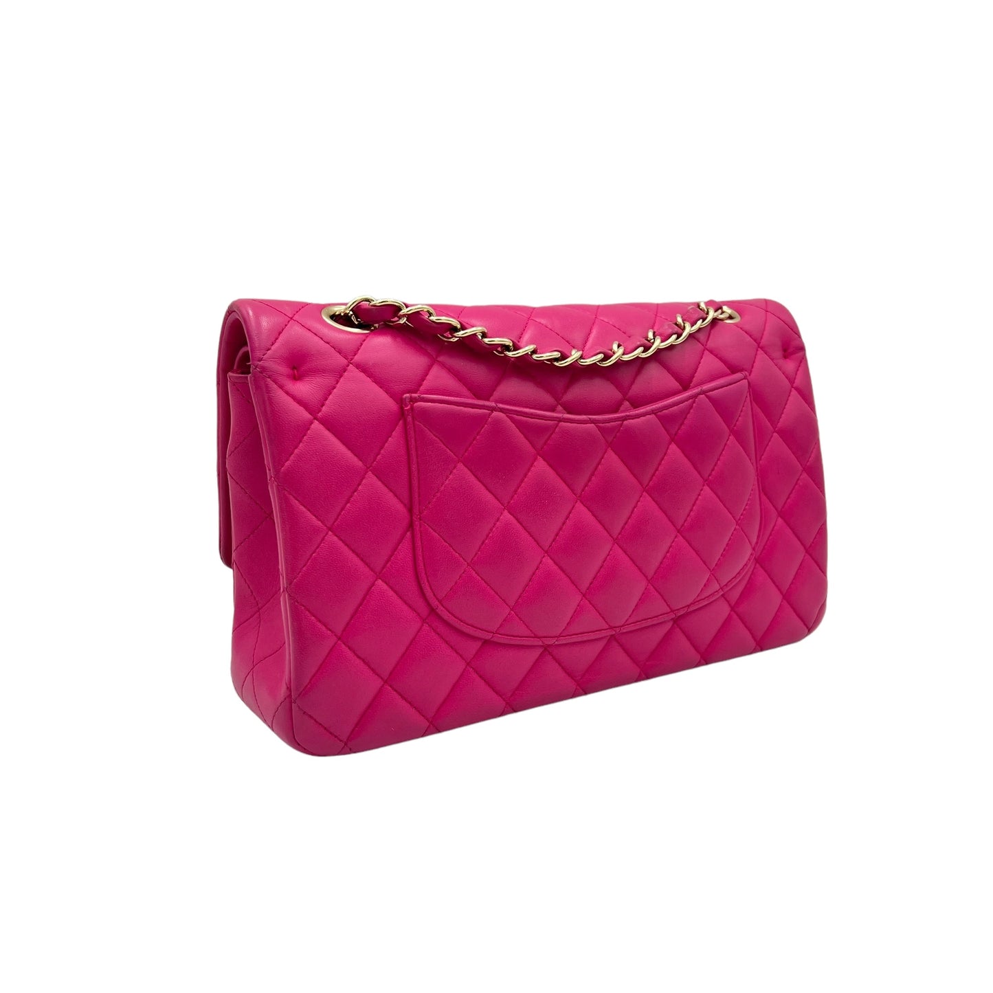 Classic Medium Fuschia Hot Pink Shoulder Bag in Lambskin, Gold hardware