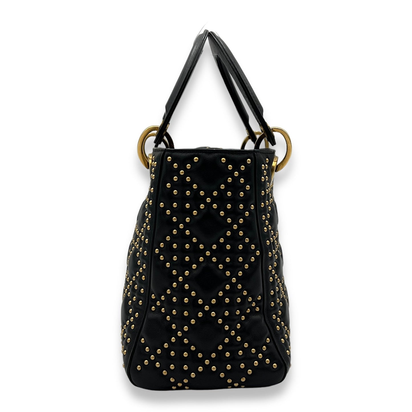 Studded Lady Dior Medium Black Top Handle Bag in Calfskin, Gold hardware