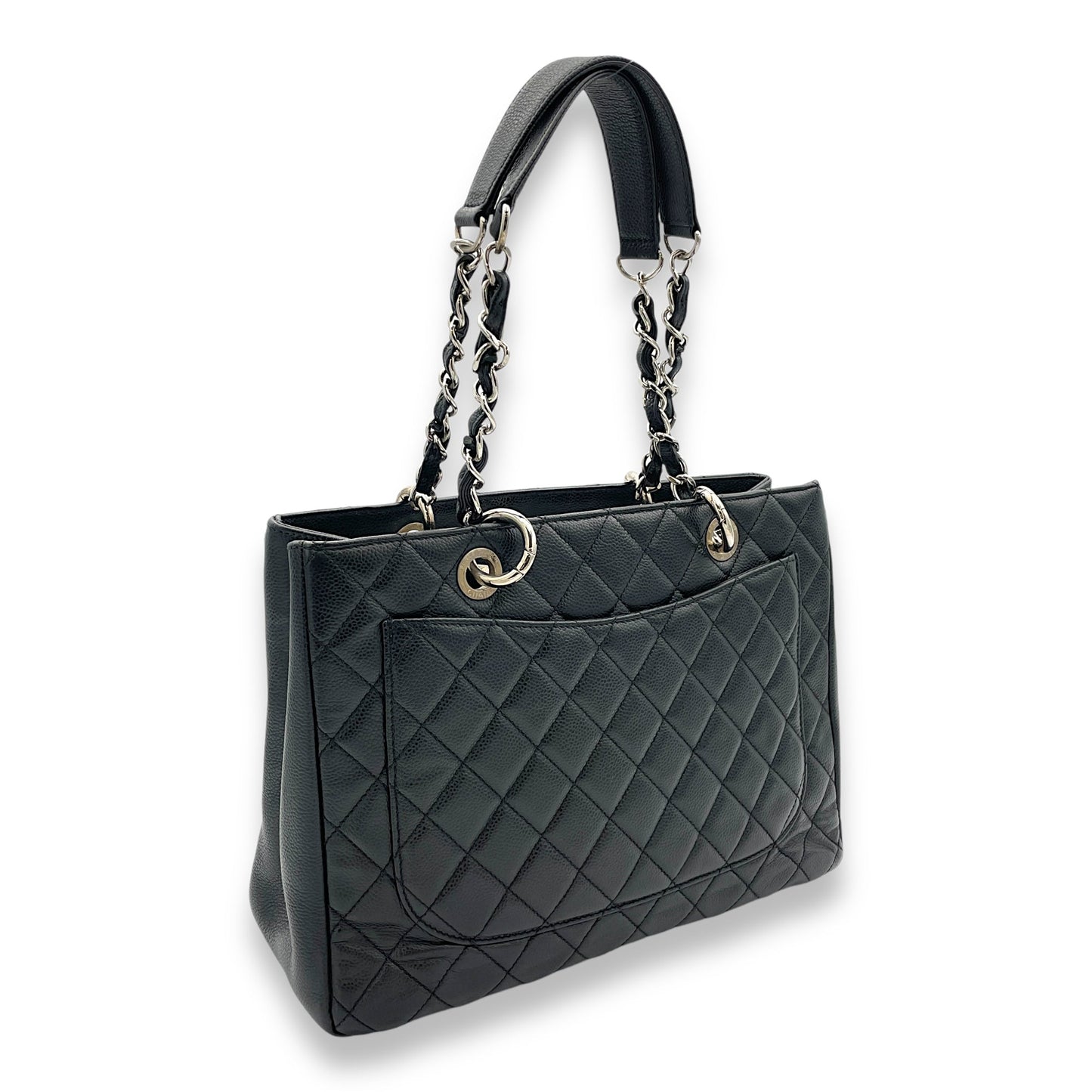 GST Black Tote Bag in Caviar Leather, Silver hardware