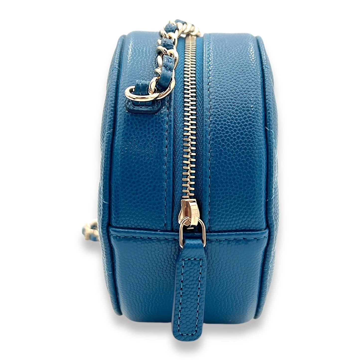 CC Quilted Pearl Crush Round Blue Crossbody Bag in Caviar Leather, Gold hardware