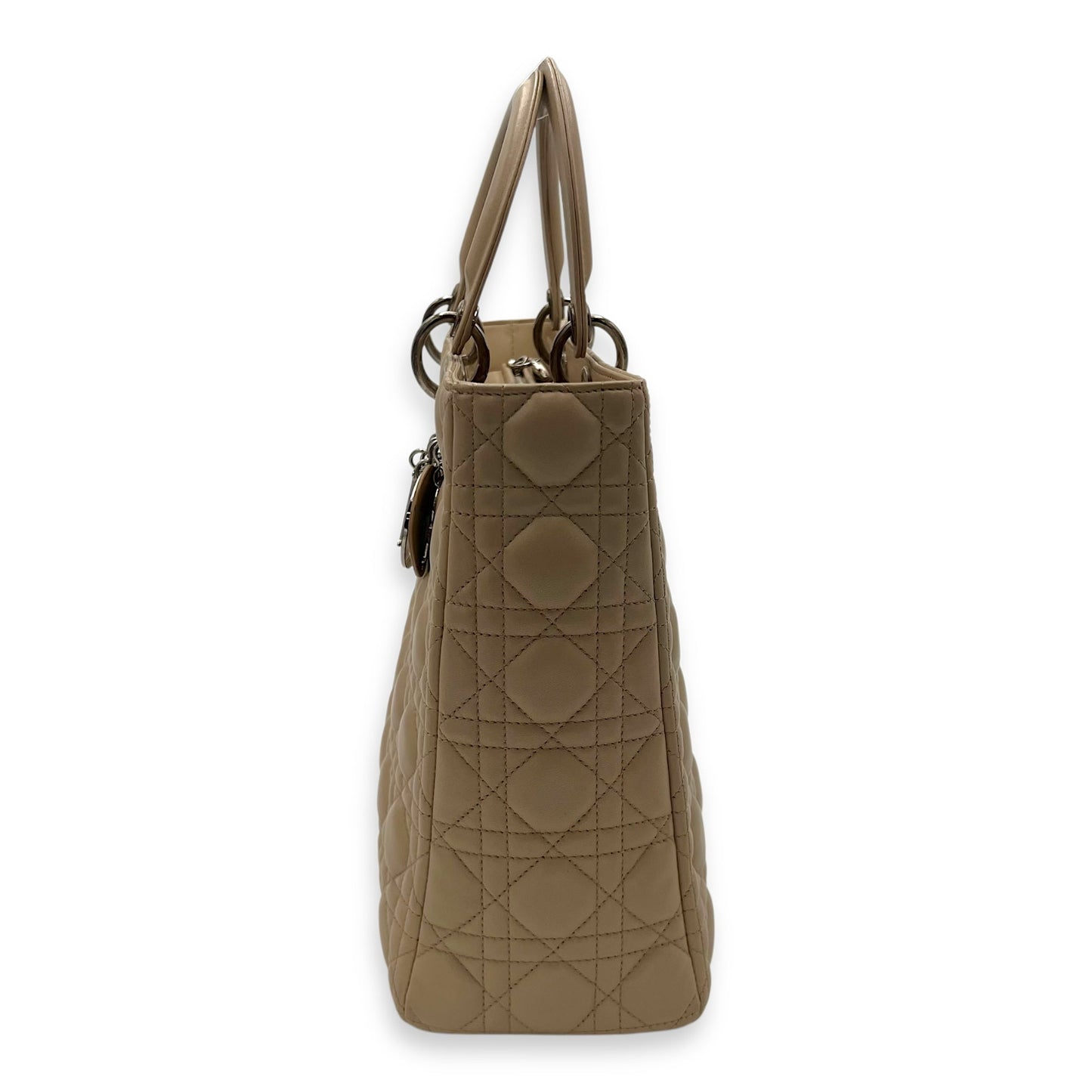 Lady Dior Large Beige Top Handle Bag in Lambskin, Silver hardware
