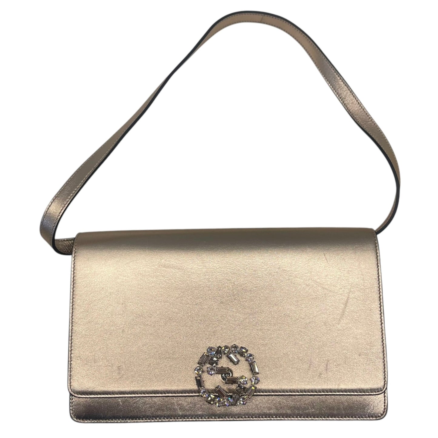 Gucci Rose Gold Leather Crystals Broadway Clutch Bag