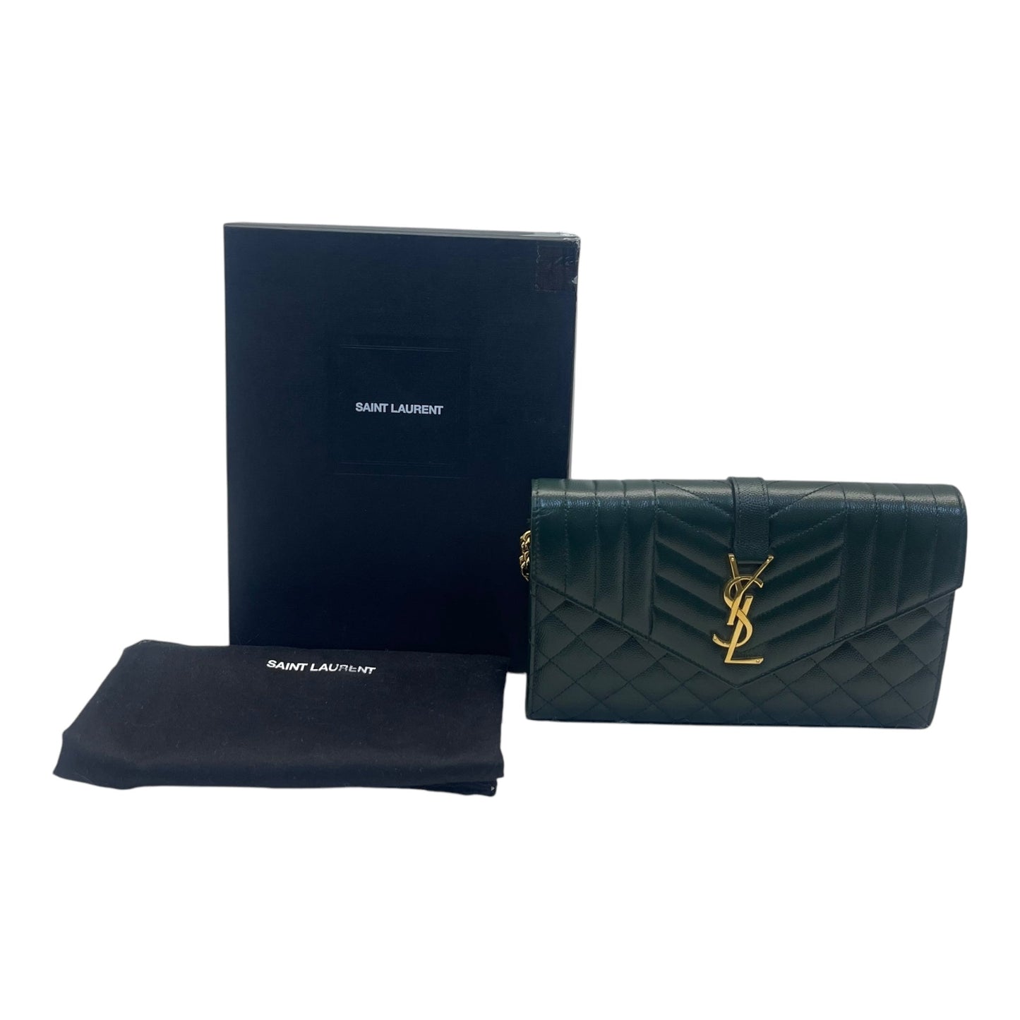 Yves Saint Laurent Dark Green Chevron Quilted Leather Envelope Flap Bag